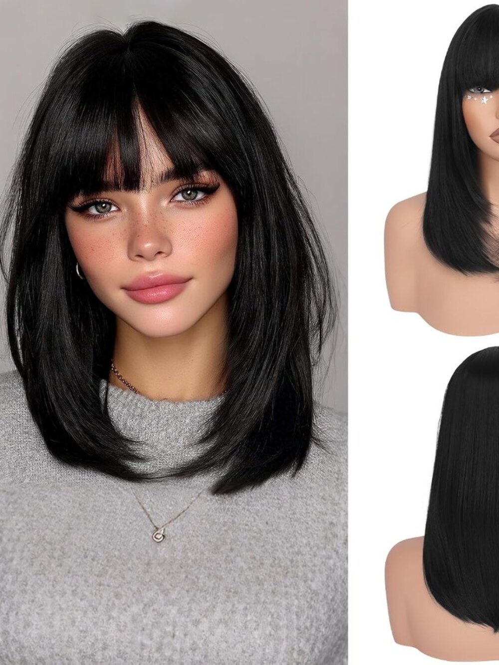 Women's Black Bob Wig with Bangs 16" Straight Shoulder Length Heat Resistant Syn